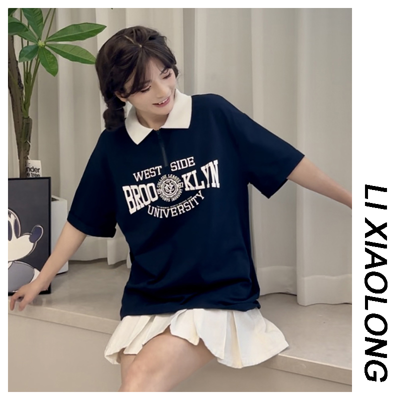 美式复古翻领短袖t恤少女夏装2025新款半拉链百搭polo衫上衣