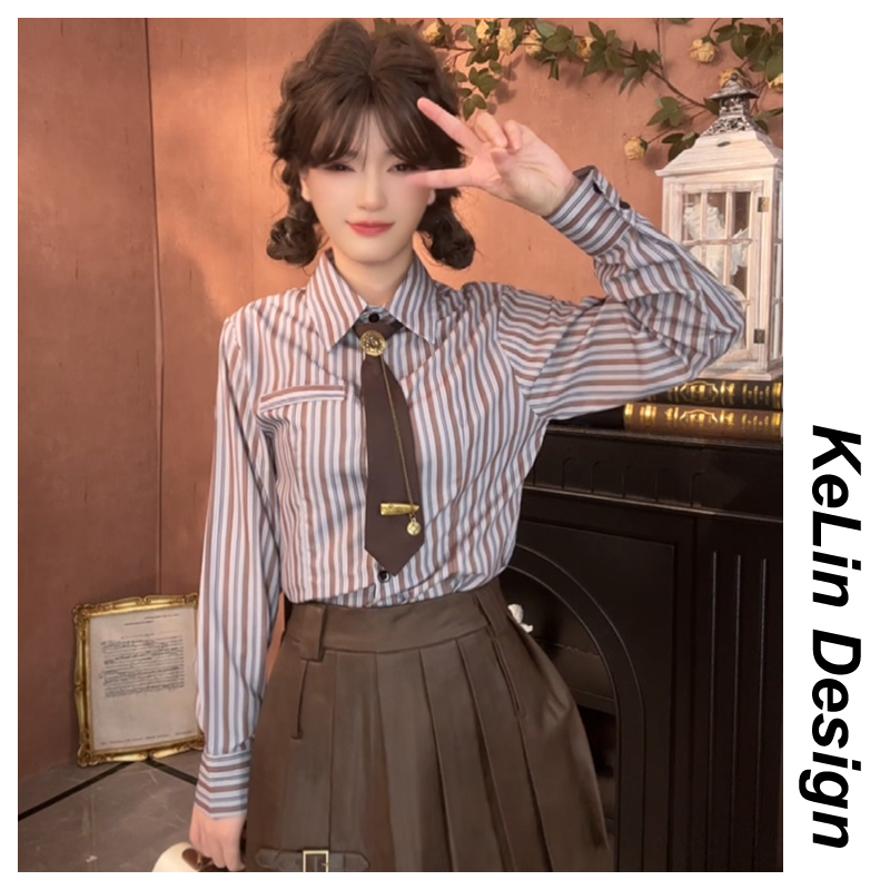 条纹长袖衬衫女2025春秋新款休闲复古宽松百搭设计感学院风衬衣