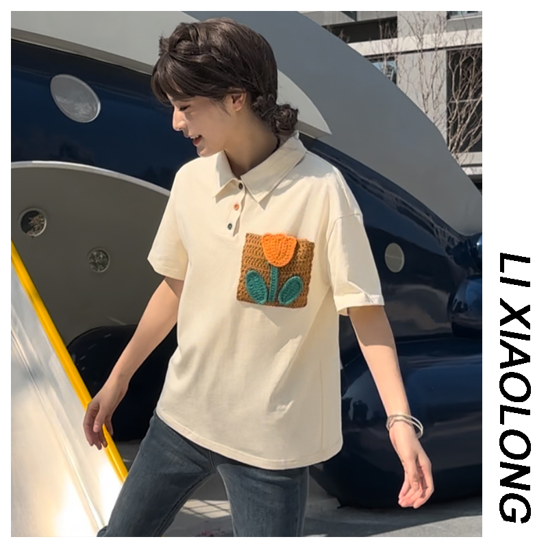 POLO领短袖T恤少女夏装2025新款半袖翻领学院风刺绣减龄上衣