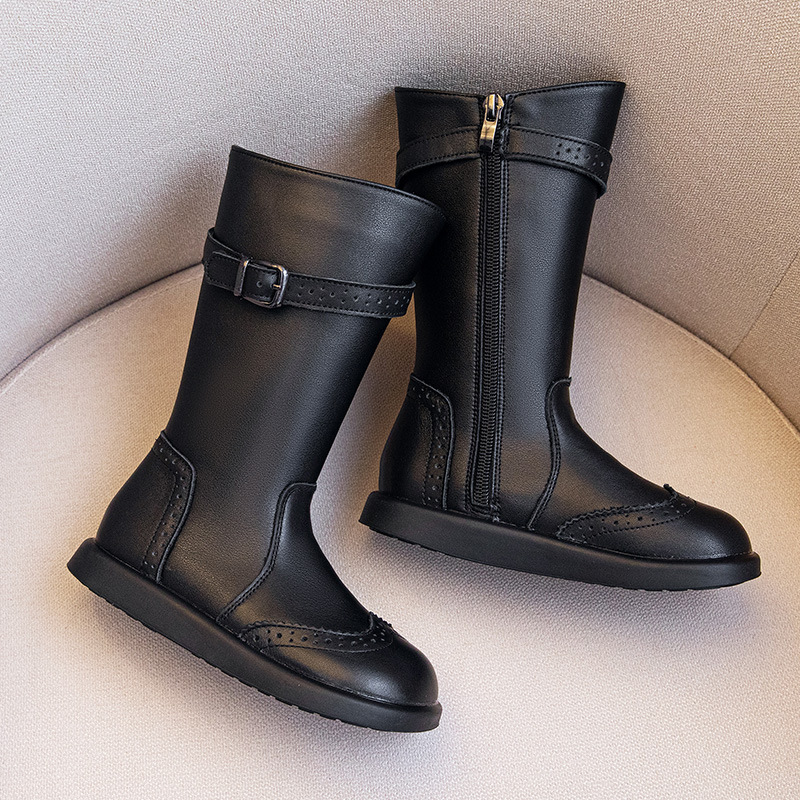 女童加绒长筒靴子儿童网红鞋子头层牛皮公主鞋女童6-12岁保暖靴子