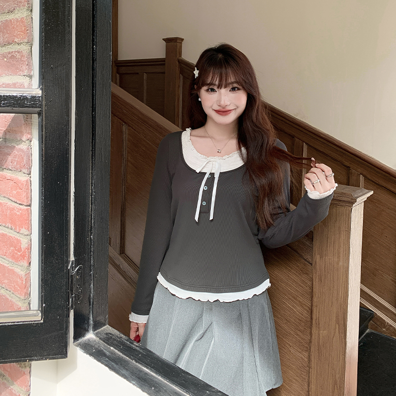 甜美假两件内搭打底衫女秋季大码胖mm收腰显瘦纯色百搭上衣63498