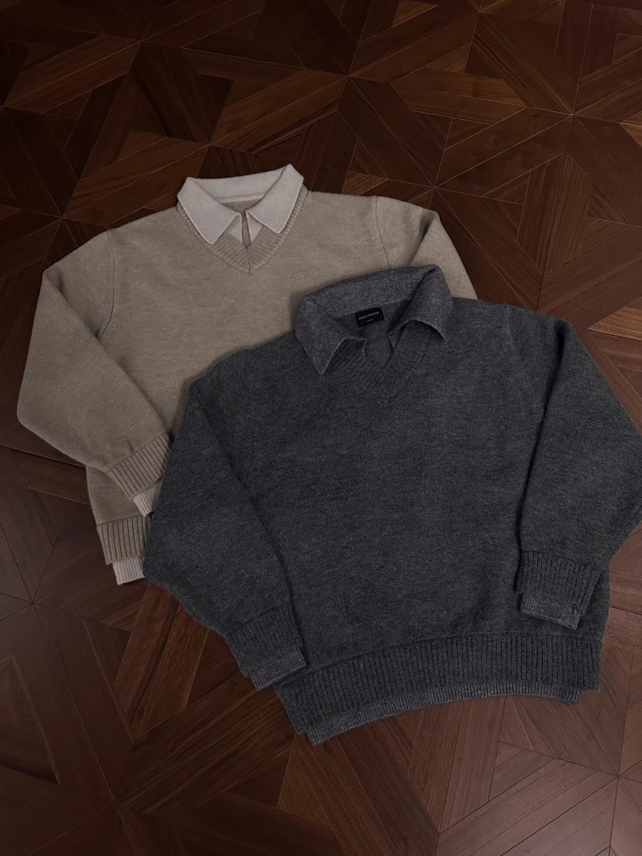 RTIMFD复古假两件v领翻领毛衣 cleanfit高级针织衫上衣慵懒风外套