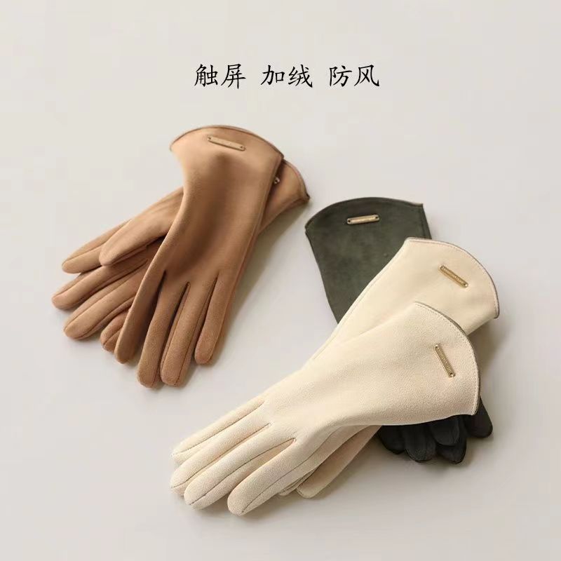保暖手套冬天女ins可爱开车手套加绒冬季手套触屏漏指手套仿鹿皮