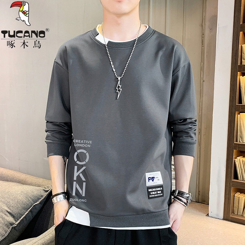 啄木鳥春季长袖男上衣男士套头百搭宽松圆领韩版运动假两件上衣