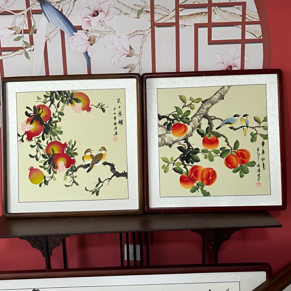 手绘柿子石榴两张外径尺寸63✖️63两个