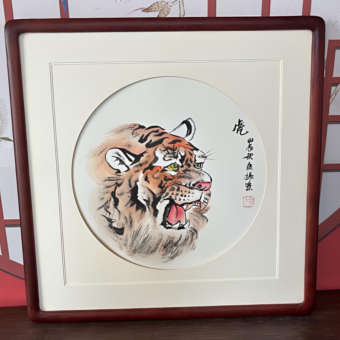 手绘虎头国画外径尺寸63✖️63带框包邮