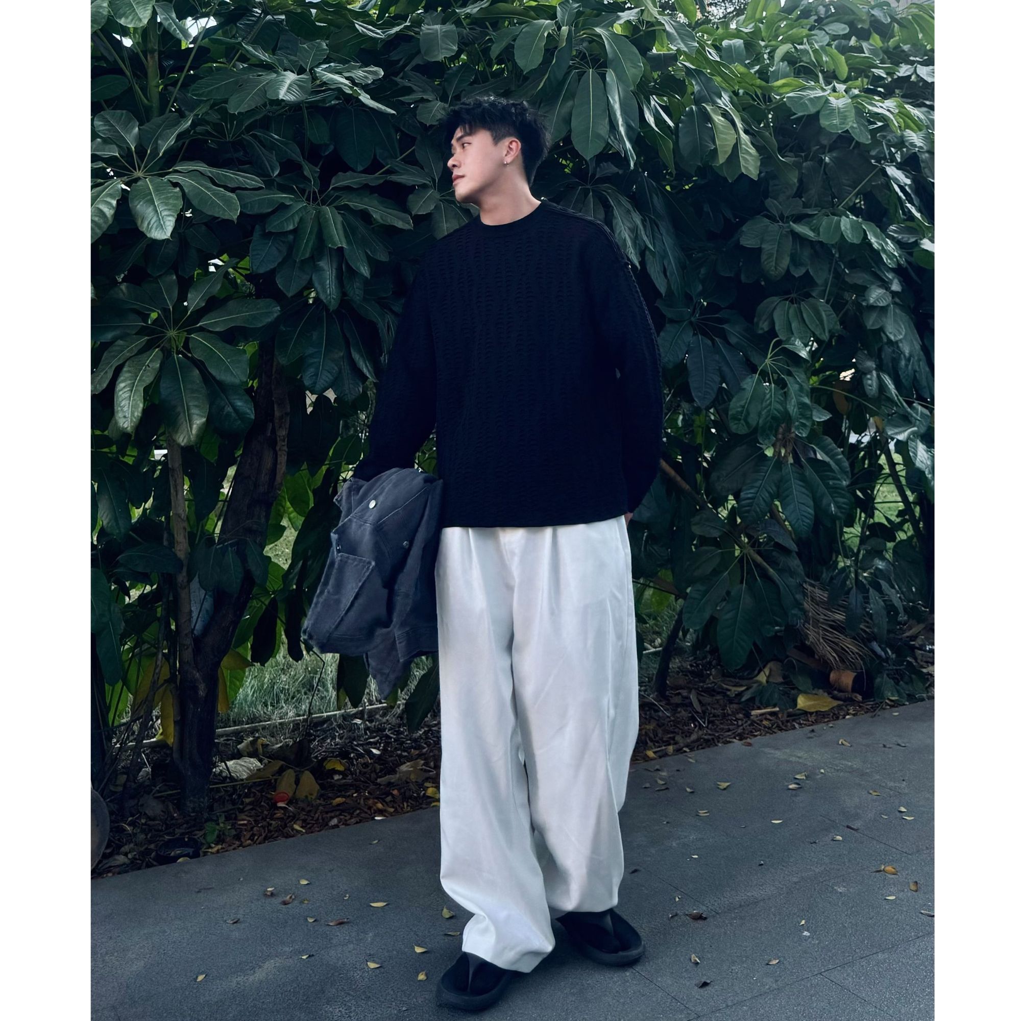 YIXUAN秋季纯棉毛衣男款潮牌破洞宽松圆领肌理感针织衫长袖