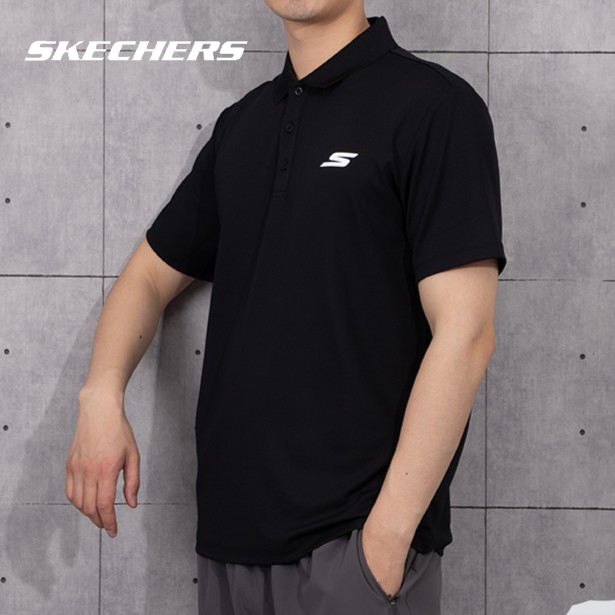 斯凯奇2025新款男子POLO衫宽松黑色休闲上衣透气跑步运动健身短袖
