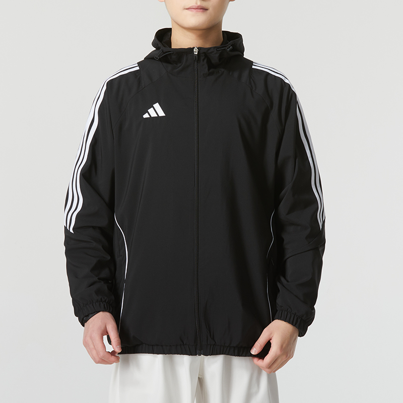 Adidas2025春季新款男装运动外套黑色连帽夹克宽松休闲梭织防风