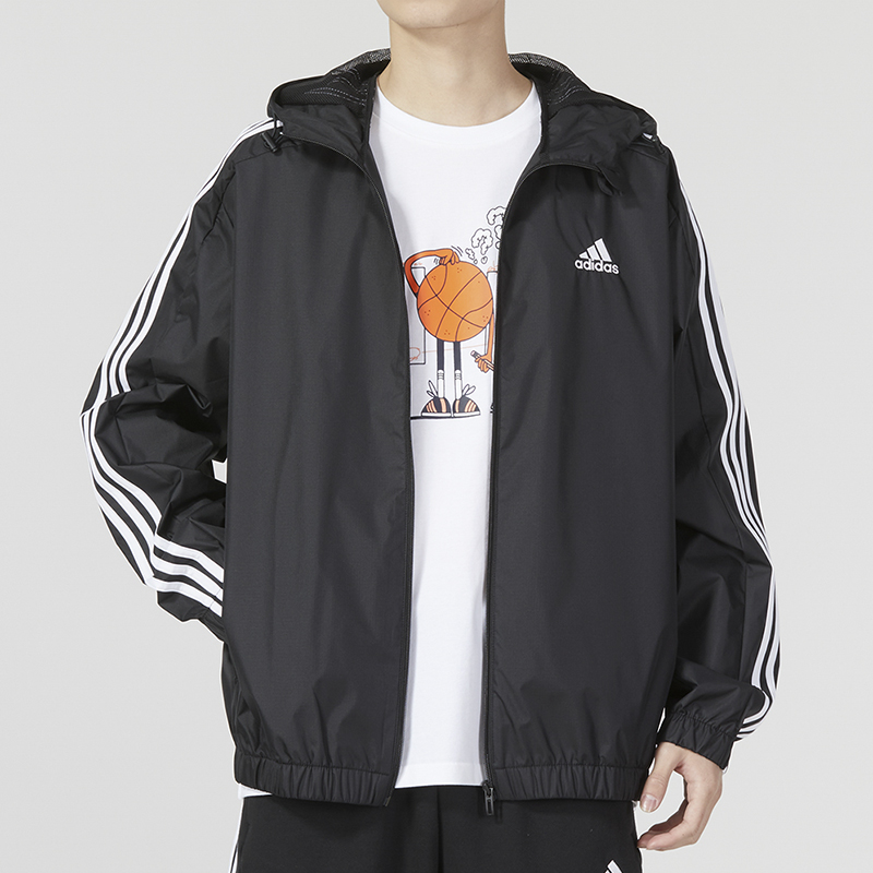 adidas阿迪达斯梭织连帽夹克男装新款运动休闲薄款黑色上衣IB0384