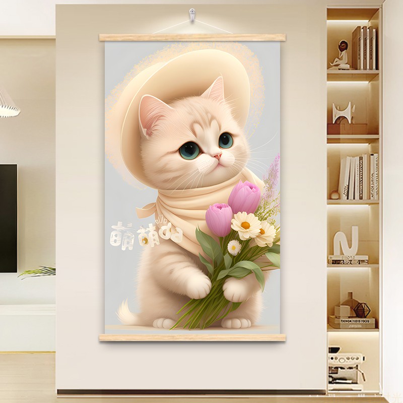 北欧奶油风入户玄关装饰画可爱猫咪壁画进门竖版走廊过道尽头挂画