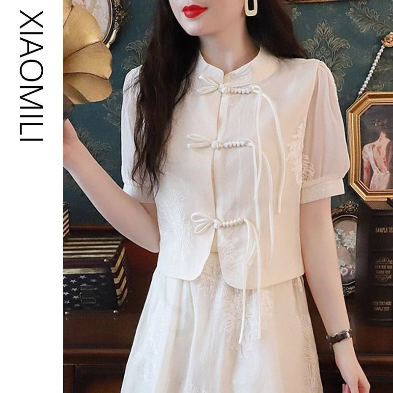 新中式绣花雪纺衫女2024夏季新款大码立领盘扣泡泡袖小衫半身裙女