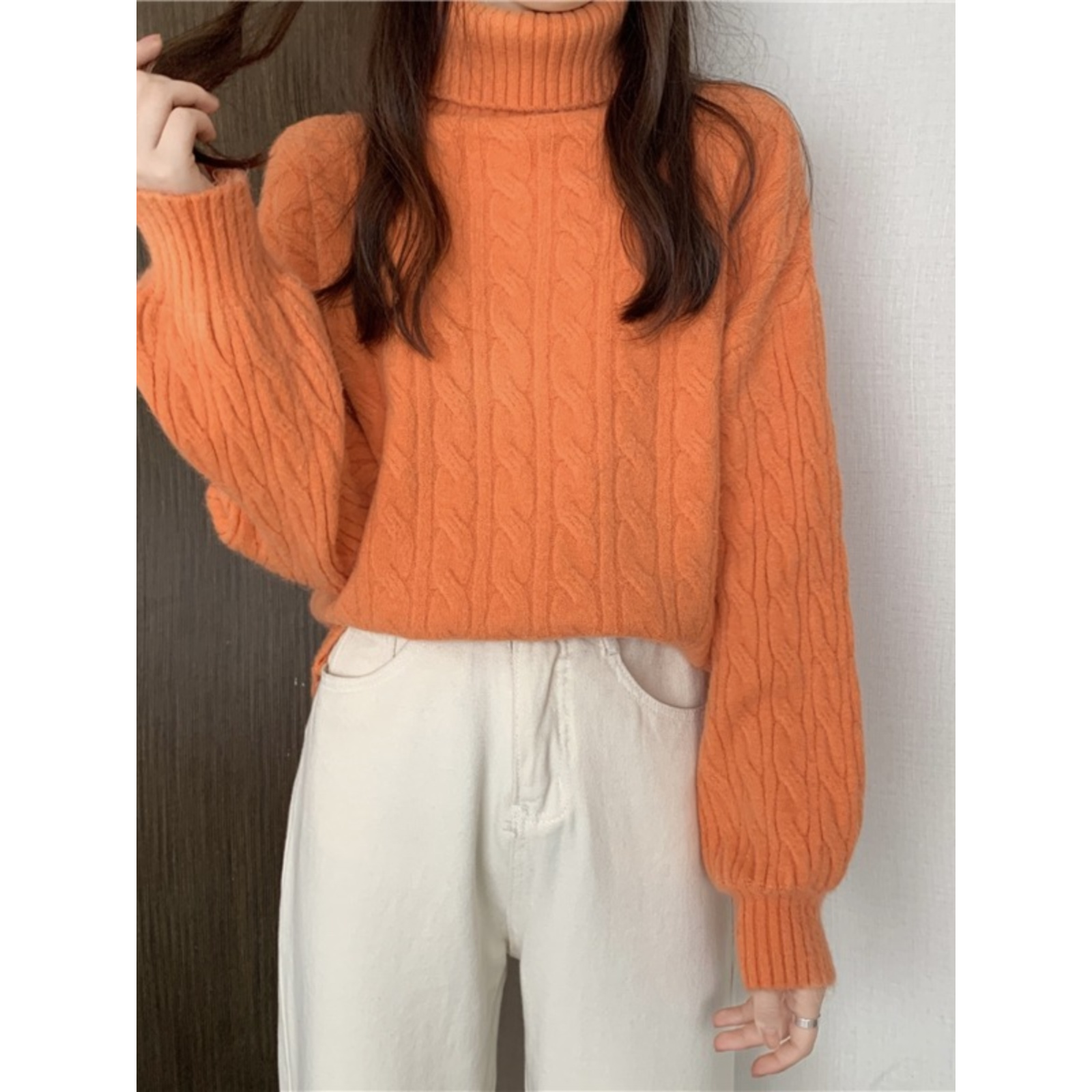 秋冬宽松慵懒风软糯高领套头麻花毛衣女内搭加厚南瓜色针织衫上衣