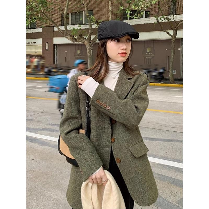 西装呢子大衣女2023秋冬新款韩系小个子复古人字纹加厚毛呢外套潮