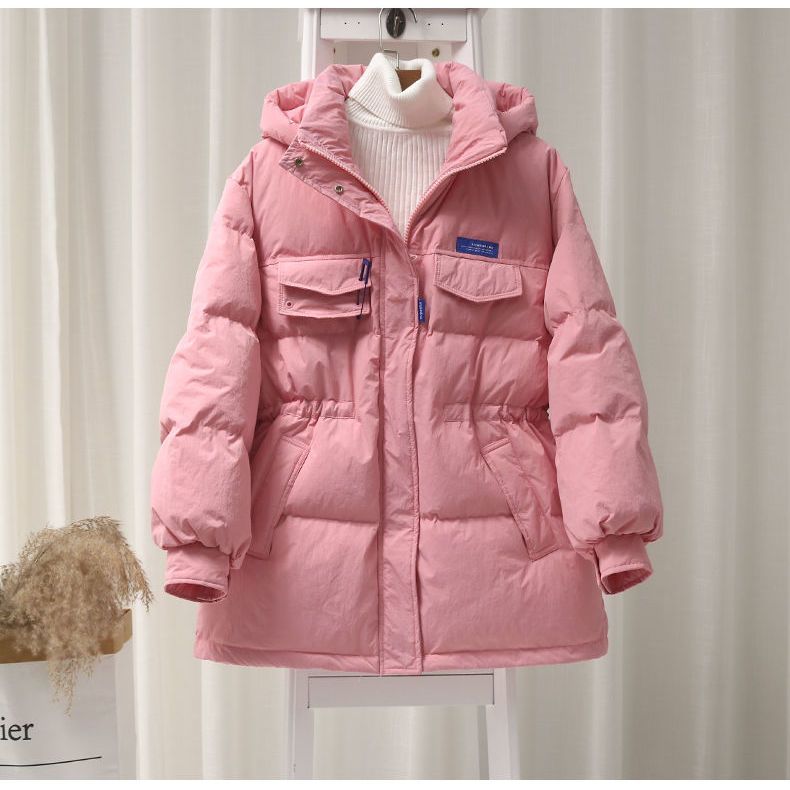 羽绒服女中长款2023新款爆款韩版连帽收腰显瘦别针白鸭绒外套