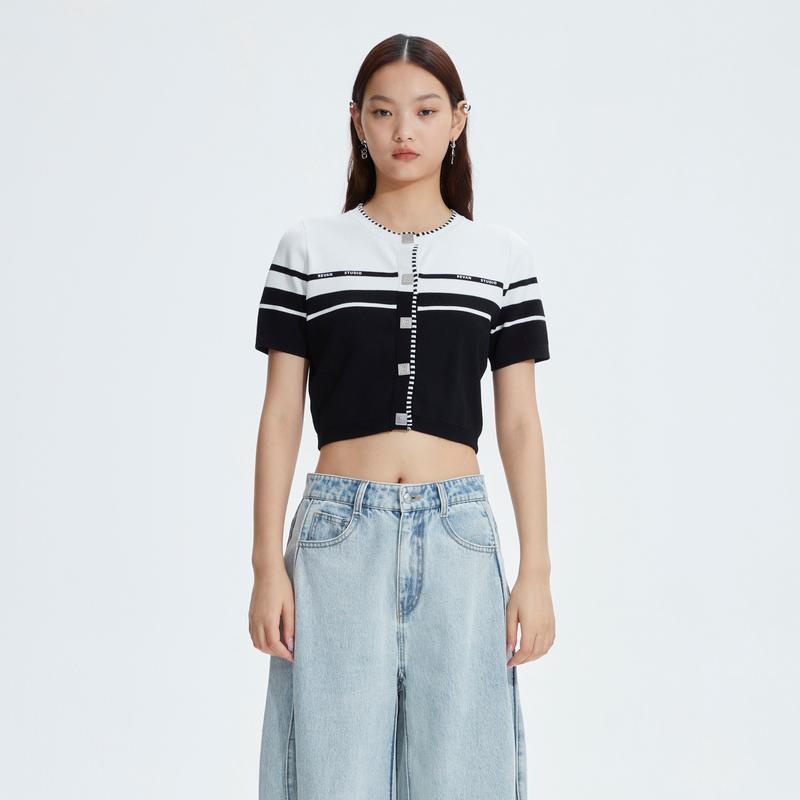 【达人专属】REVAN芮范黑白撞色条纹毛衣开衫RN10106301