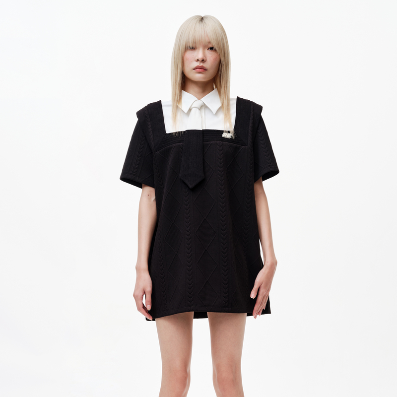 【达人专属】REVAN芮范撞色拼接领收腰连衣裙RN31101013