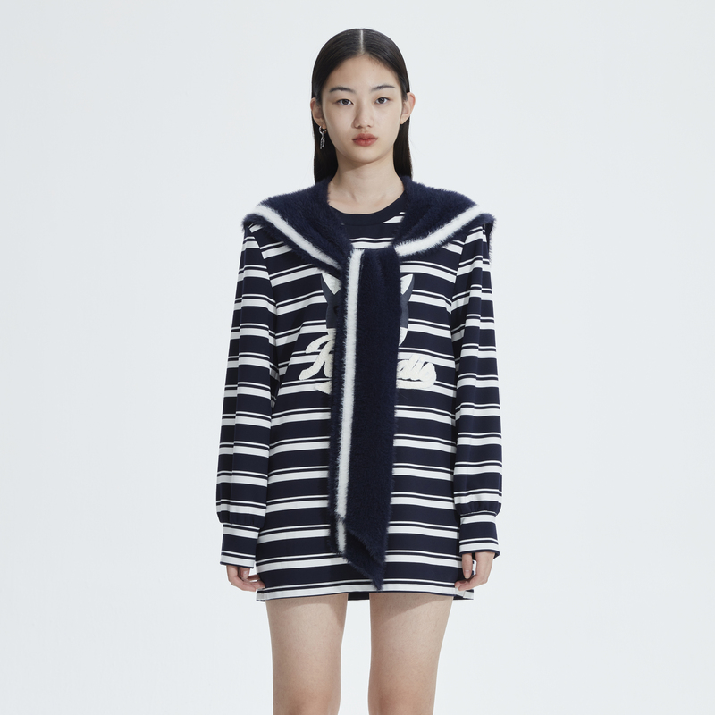 【诗语专属】REVAN芮范萌趣猫条纹披肩连衣裙RN11101175