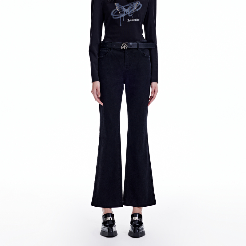 【达人专属】REVAN芮范设计师款辣妹风黑色弹力牛仔裤RN91302094