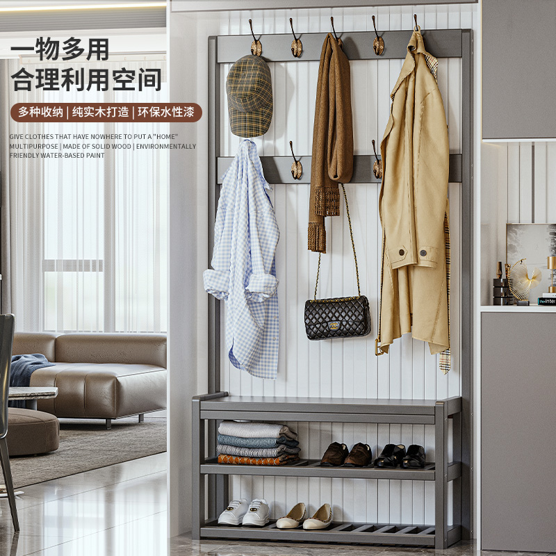实木挂衣架换鞋凳一体进门厅衣帽架落地衣架卧室落地鞋架鞋柜玄关
