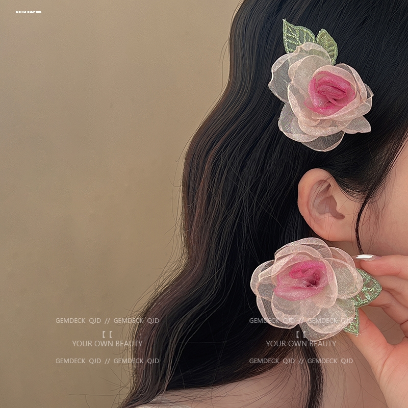 网纱玫瑰花发夹质感个性女生时尚新款显白韩系温柔小众甜美2023