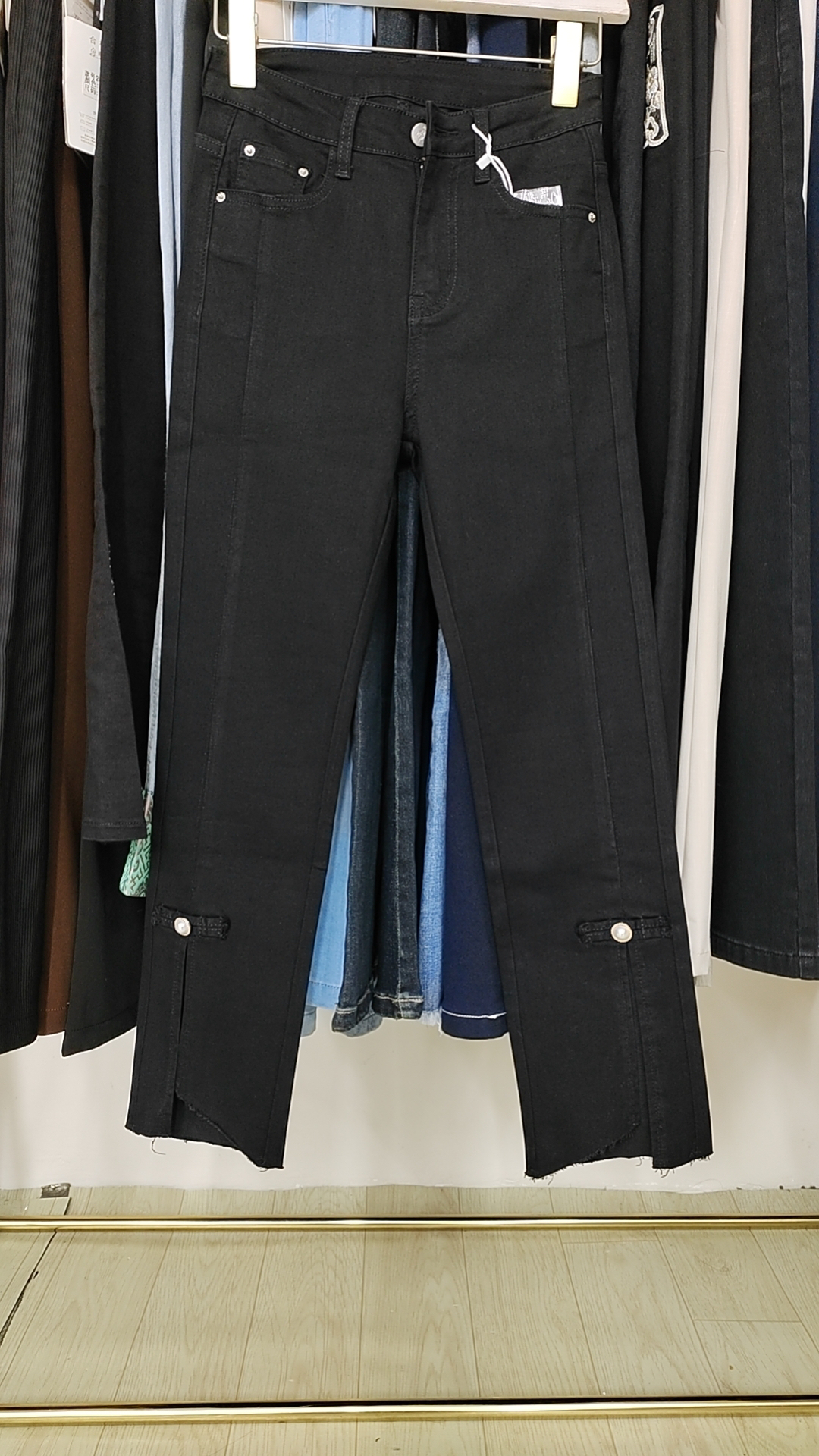 #685 黑色微喇牛仔裤女春装开叉九分裤小个子女士高腰显瘦裤子