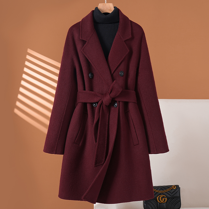 拉菲红双面羊绒大衣女中长款2024新款羊毛呢子外套秋冬安可拉红