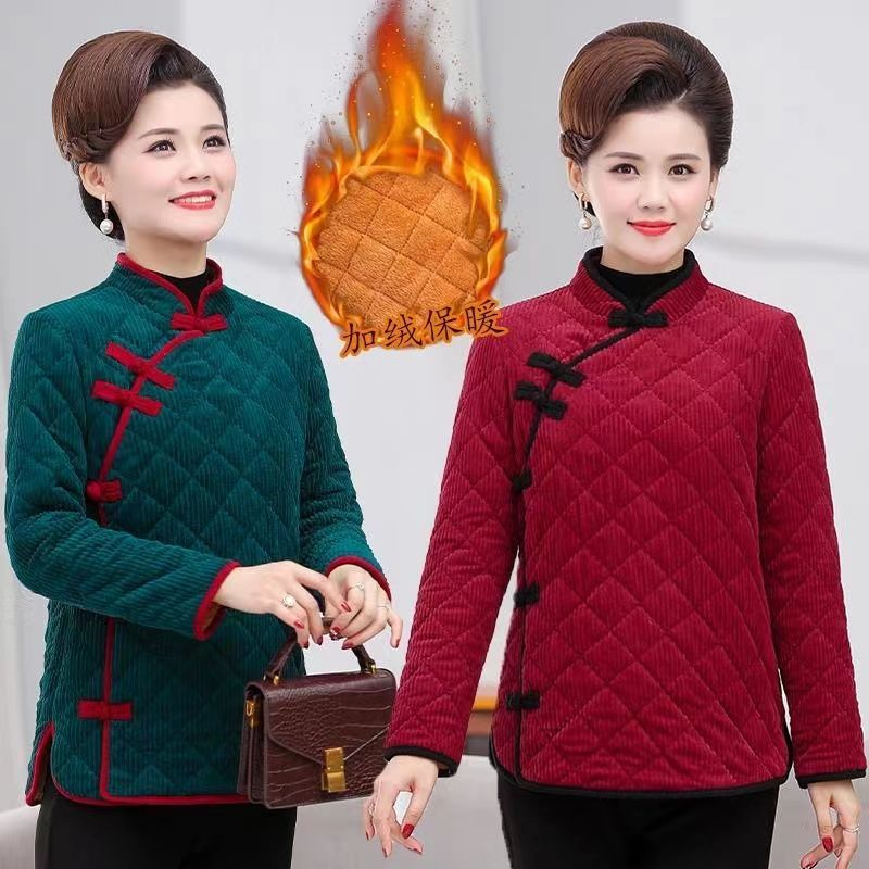 妈妈装新款复古盘扣斜襟旗袍式短款棉衣中老年名族风棉服外套长袖