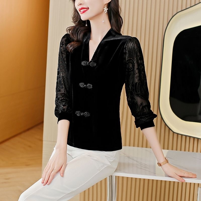 气质女装丝绒网纱拼接上衣小衫秋季新款复古盘扣时尚显瘦长袖上衣