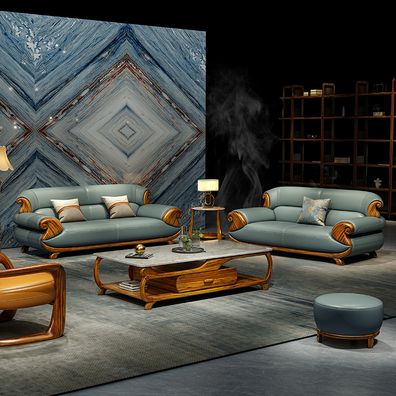  现代乌金木真皮沙发组合新中式别墅客厅加厚头层牛皮沙发家具