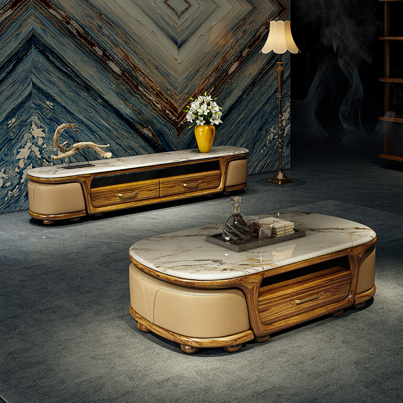 现代乌金木茶几电视柜组合大理石台面客厅新中式茶台带凳子家用