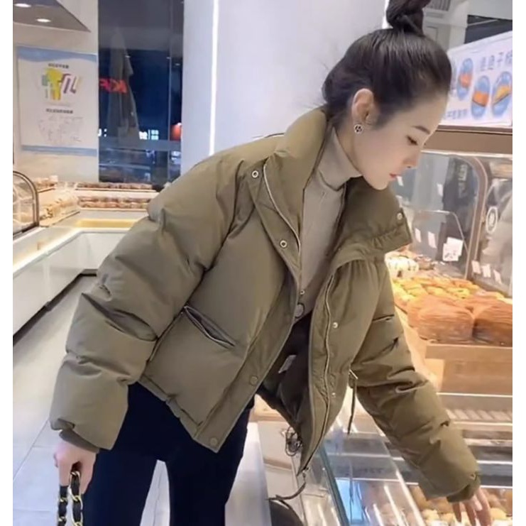 时尚2023年冬季女士羽绒棉服小个子短款白鸭绒纯色立领面包服