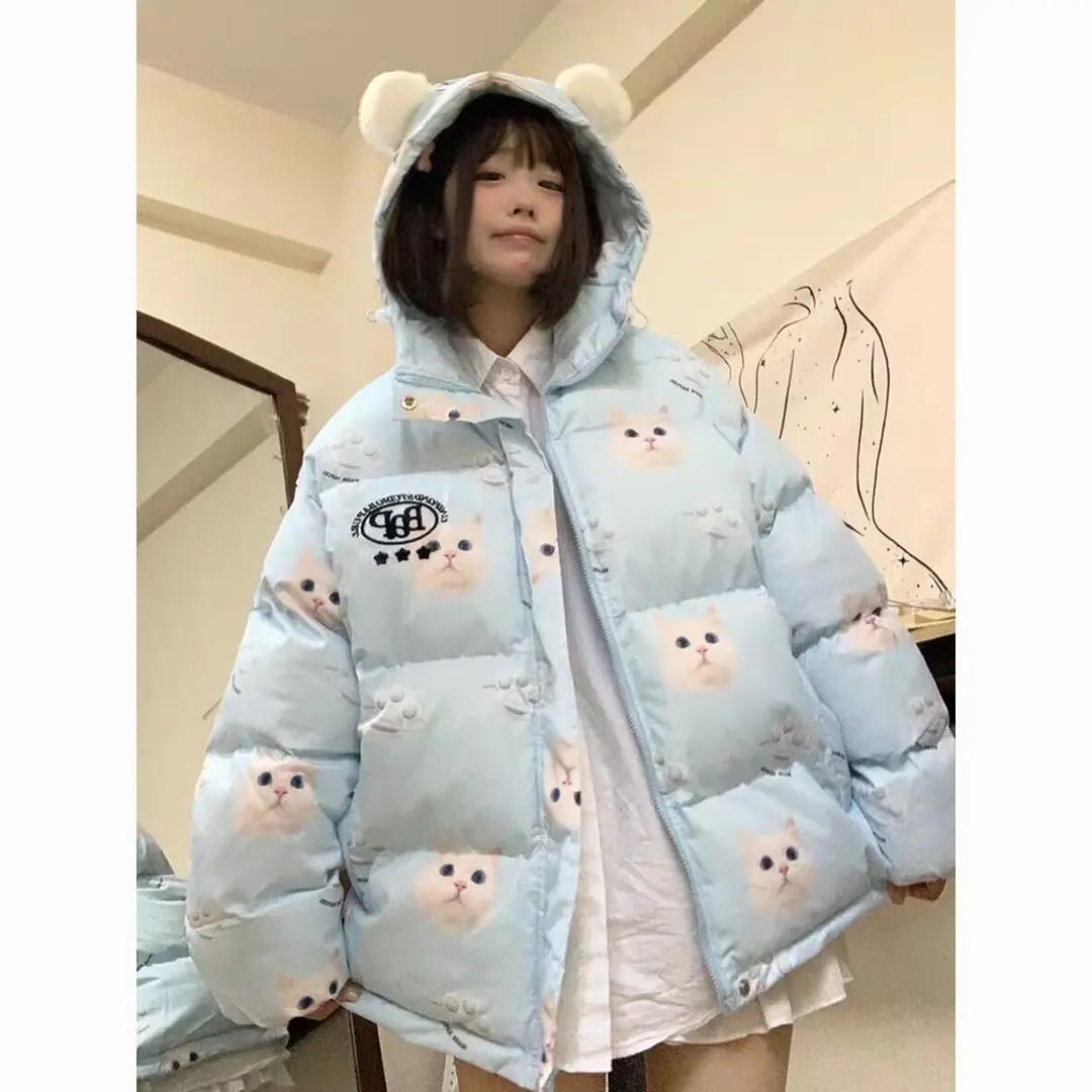 时尚奶呼呼小猫卡通可爱羽服女2023年冬季连帽衣小个子袄短款