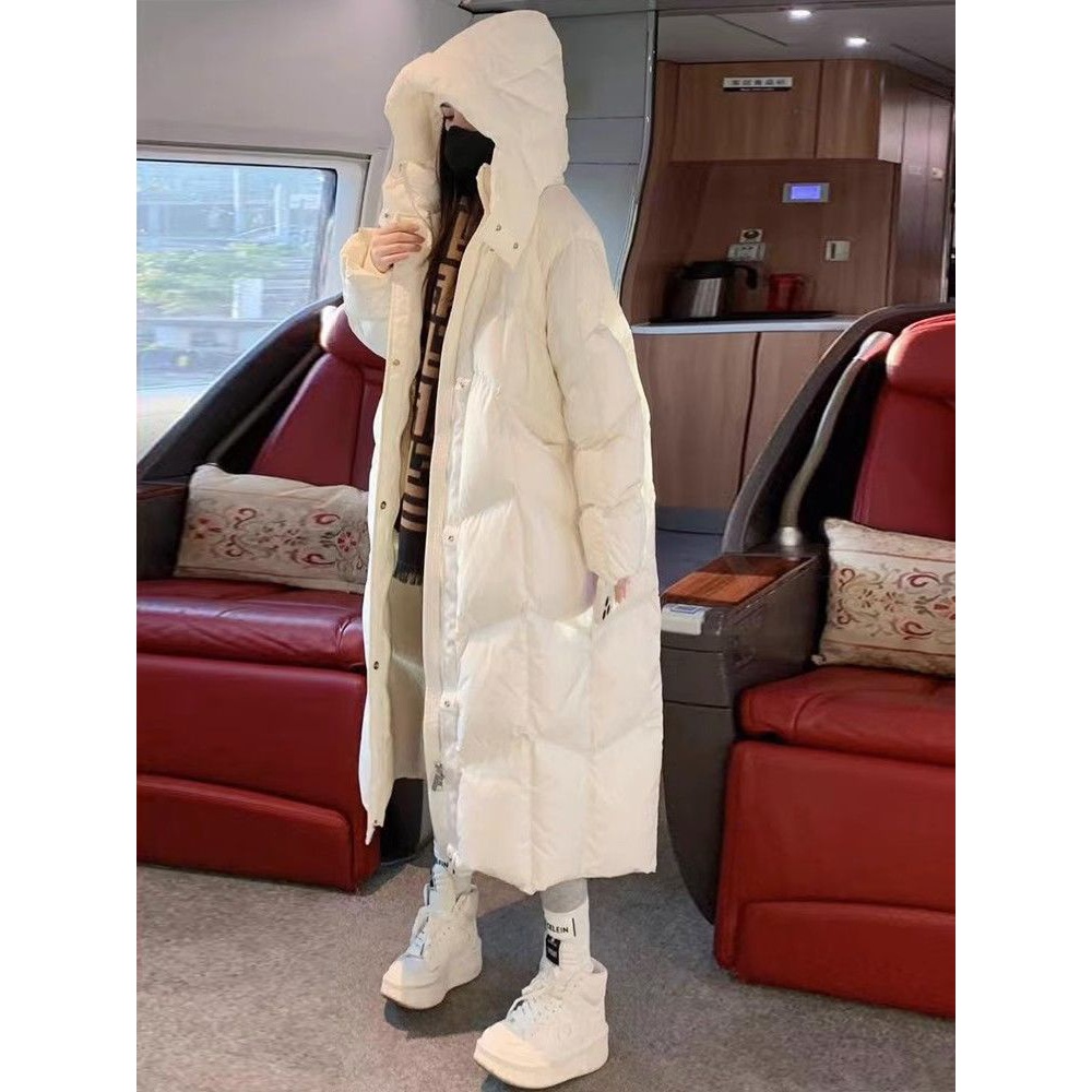 时尚白色过膝长款羽绒棉服女2023冬装时尚设计师款连帽拉链面包服