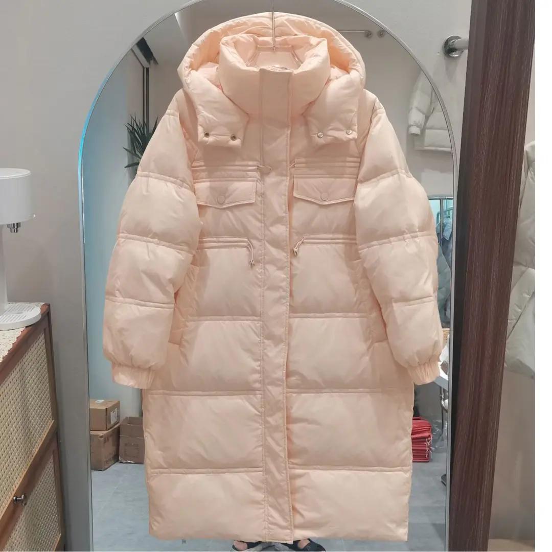 时尚2023冬装多巴胺羽绒棉服女中长款过膝长款连帽收腰白鸭绒外套