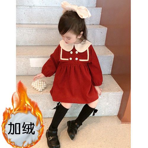 【小扬哥推荐】女童春秋季连衣裙2023新款红色洋气韩系可爱娃娃领