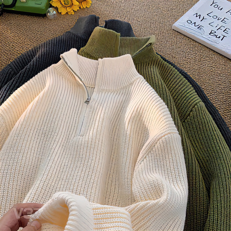 高领半拉链毛衣男秋冬美式潮牌纯色针织衫慵懒风百搭休闲线衣外套