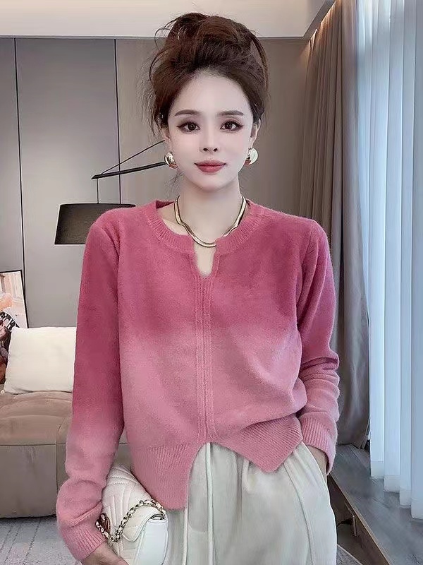 慵懒风拼色v领针织衫女秋冬新款2023设计感长袖上衣宽松软糯毛衣