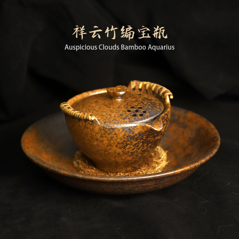 宜兴紫砂手抓壶祥云竹编宝瓶手工盖碗复古泡茶壶便携户外功夫茶具
