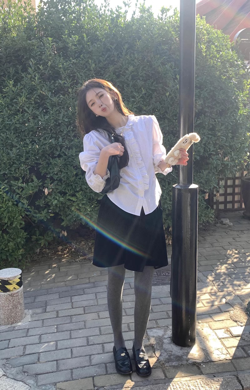 Peaceonesoul自制 法式甜美娃娃领木耳花边小波点衬衫女长袖上衣