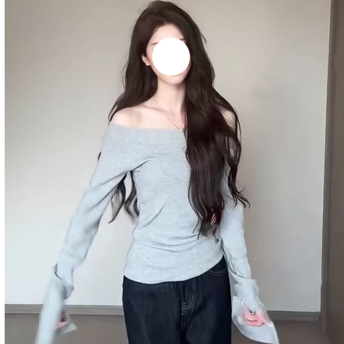 韩系chic别致斜肩长袖女装秋季新款纯欲性感收腰显瘦设计感上衣