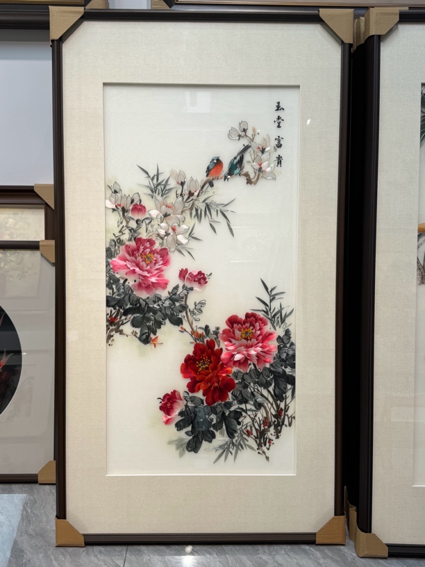 纯手工苏绣单面绣玄关挂画玉堂富贵牡丹玉兰花