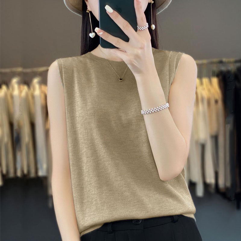 精纺薄款针织吊带背心女圆领半高宽松内搭无袖外穿坎肩上衣新款潮