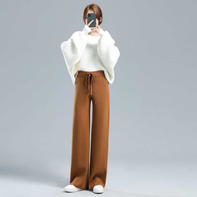 100%羊毛针织阔腿裤女秋冬高腰垂感羊绒裤子直筒外穿拖地休闲长裤