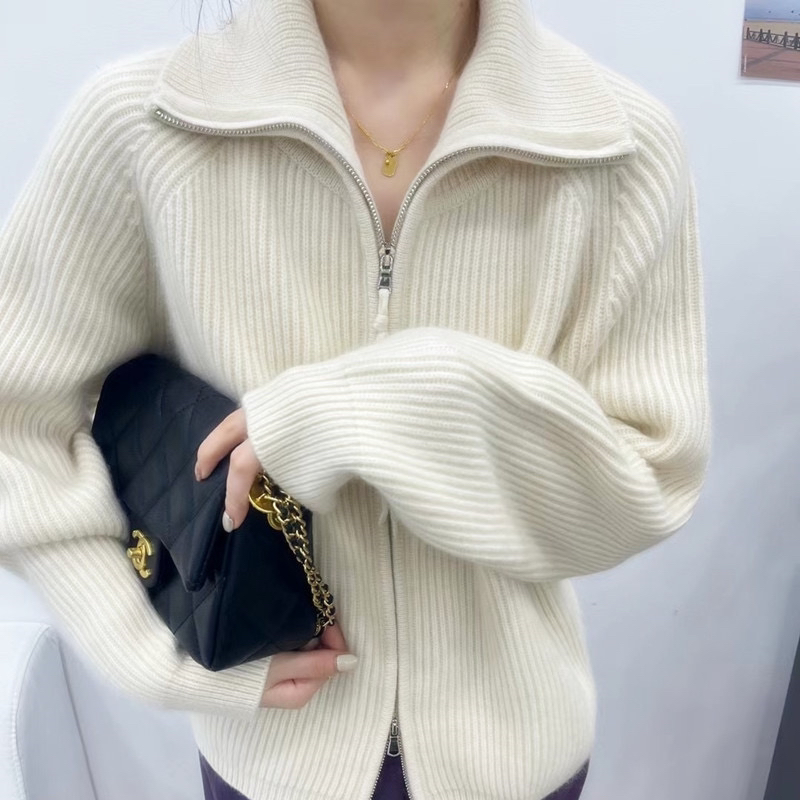 秋冬新款100%纯羊毛双拉链开衫女宽松慵懒休闲时尚百搭高领加厚