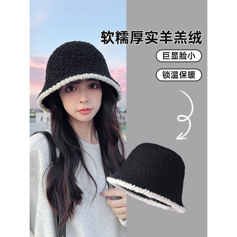 毛绒帽子女款秋冬季新款水桶帽大头围羊羔绒保暖黑色渔夫帽显脸小