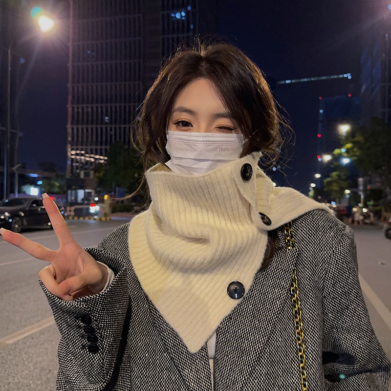 韩版网红秋冬纯色纽扣围脖女百搭套头防寒保暖护颈针织外搭披肩潮