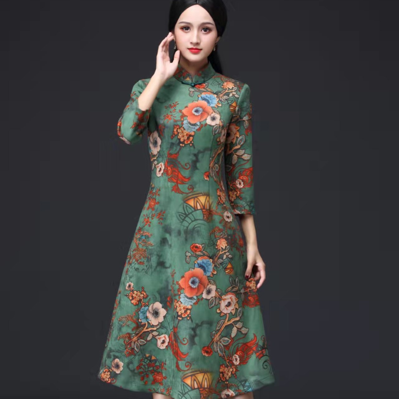 壹玺旗袍长110cm修身显瘦A摆乱花鹿皮绒日常旗袍