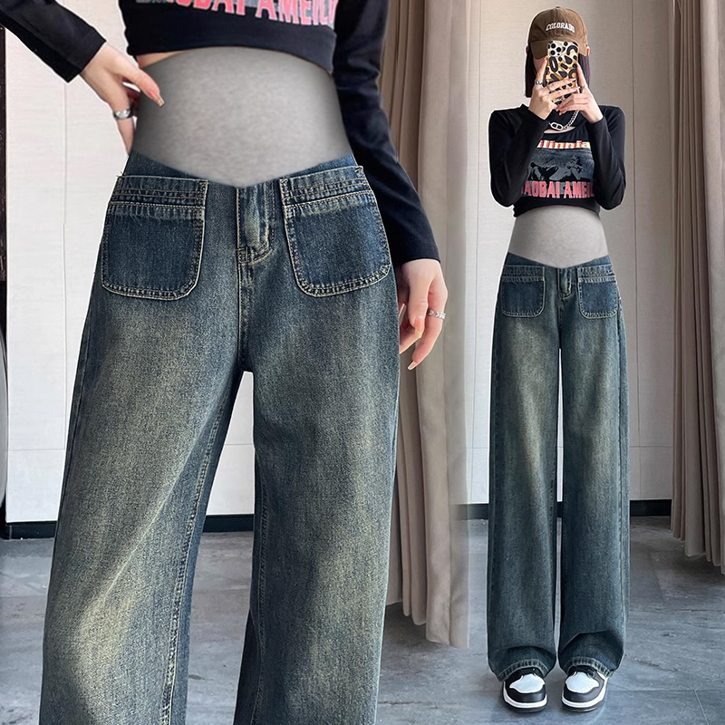 孕妇牛仔裤春秋款外穿大码显瘦小个子直筒休闲阔腿宽松拖地裤秋季