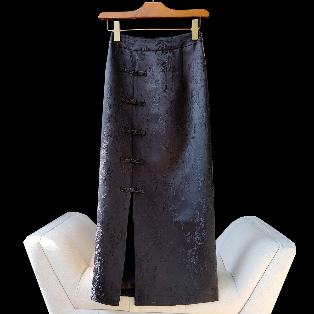 穿四季版型很棒气质百搭国风显瘦半身裙女开叉新中式提花中国风